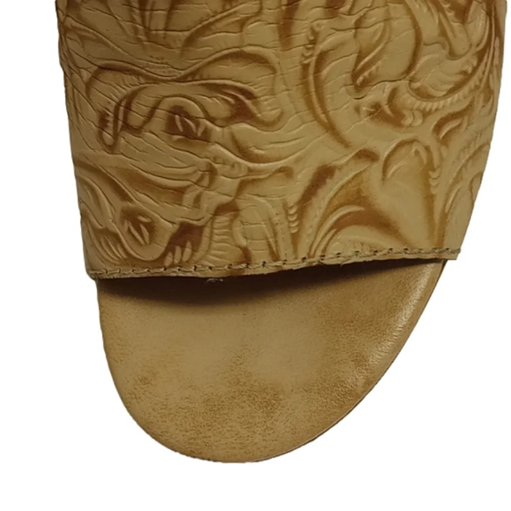 PATRICIA NASH TAN LEATHER OPEN TOE MULE HEEL SHOES WITH TOOLED FLORAL DE… - Picture 3 of 15